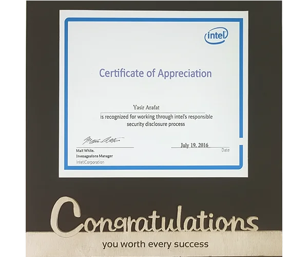 Certificate of Appreciation — Intel India Awards