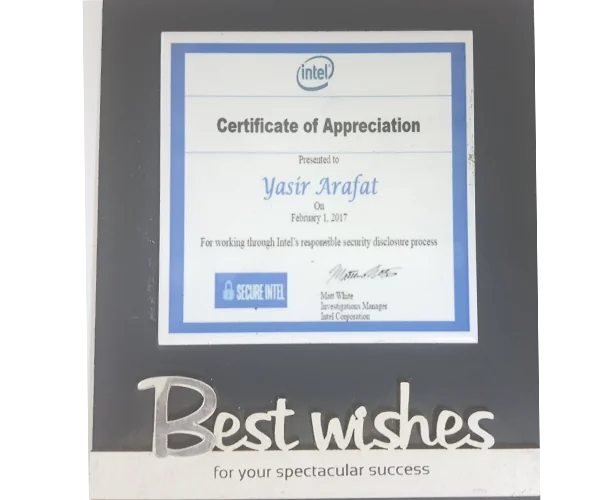 Certificate of Appreciation — Intel India Awards